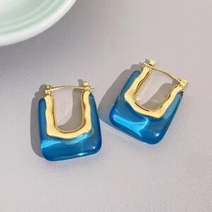 Anthropologie Gold and Blue Sculpted Resin Hoop Earrings